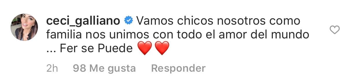 Mientras que Cecilia Galiano comentó: "Vamos chicos nosotros como familia nos unimos con todo el amor del mundo. Fer se puede", expresó.