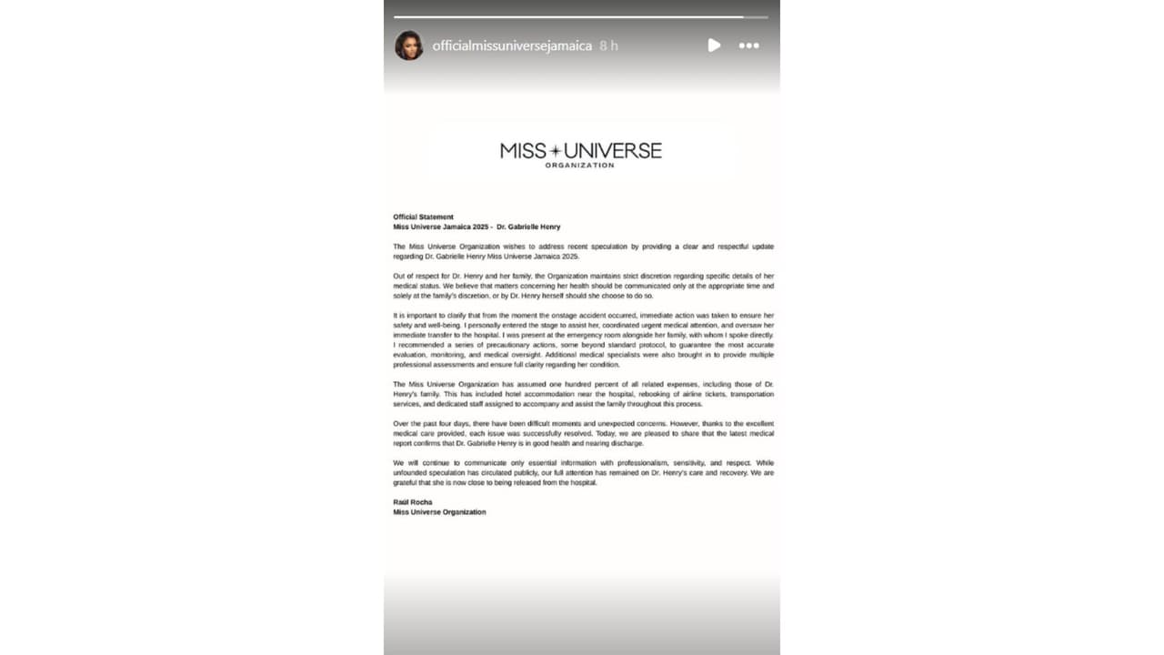 Último reporte de salud de Miss Jamaica.