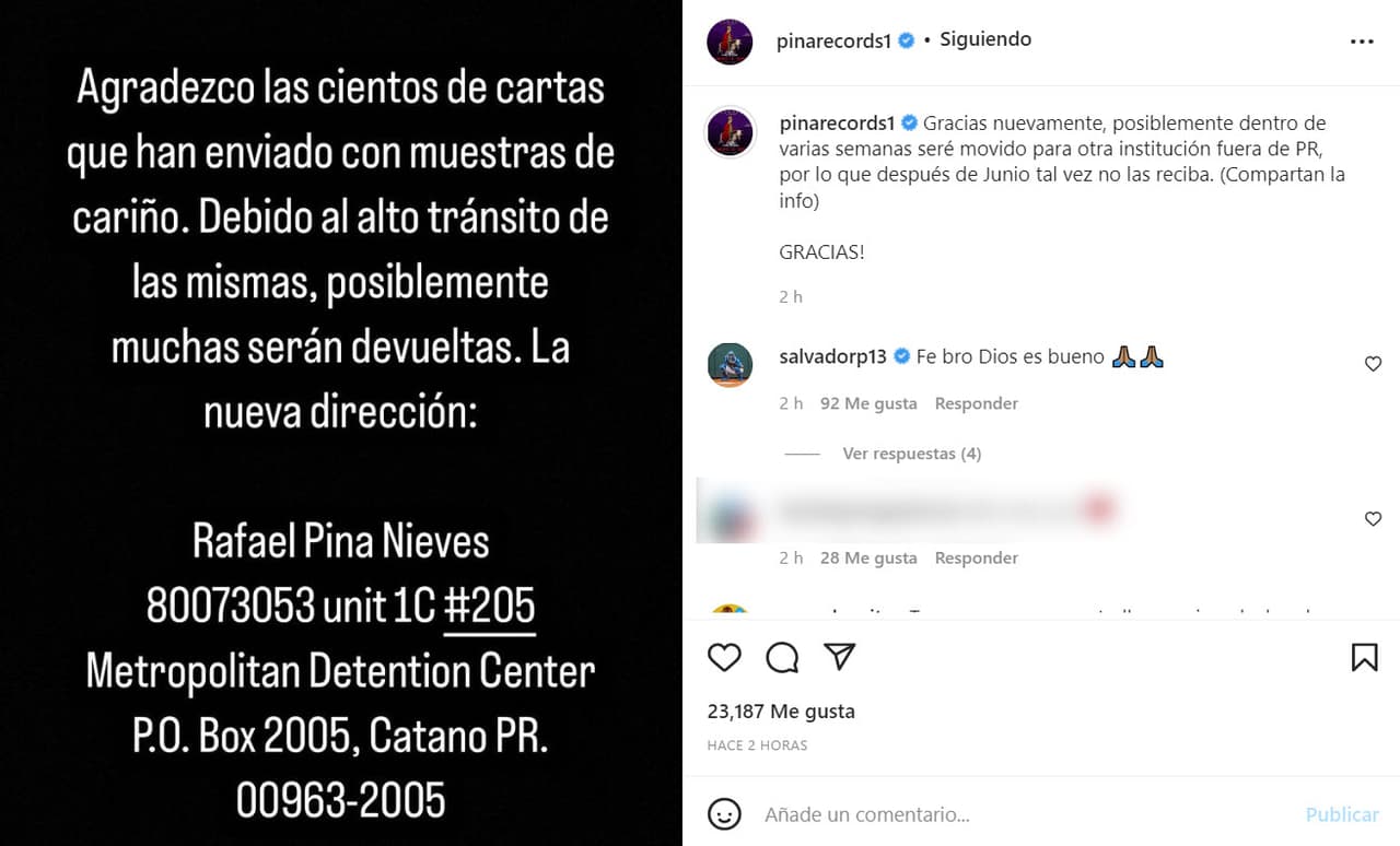 El mensaje a acompañado de este texto donde agradece la gran cantidad de cartas que ha recibido, por lo cual es probable que algunas sean regresadas. Además, da la nueva dirección donde podrán escribirle.
<br>