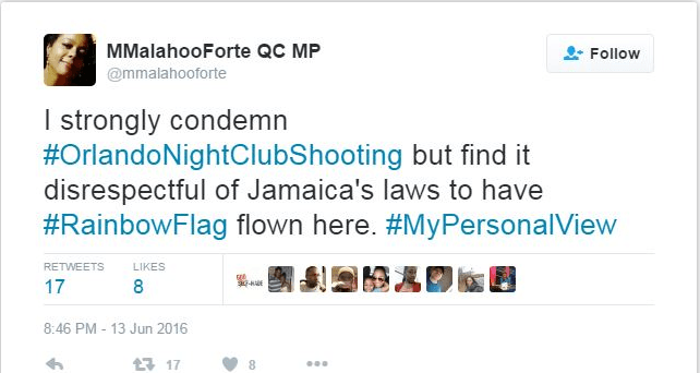 Jamaican Attorney General Marleen Malahoo tweeted her disapproval of US embassy putting up a rainbow flag in solidarity with the Orlando massacre victims