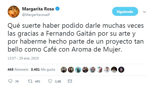 Margarita escribió este emotivo mensaje para Gaitán tras enterarse de su muerte y le agradeció por darle la oportunidad de trabajar en este importante proyecto.