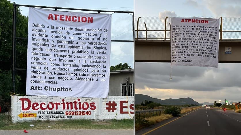 Las extrañas -y poco creíbles- pancartas autoatribuidas a los hijos de 'El Chapo' en la que dicen "renunciar" a la producción de fentanilo