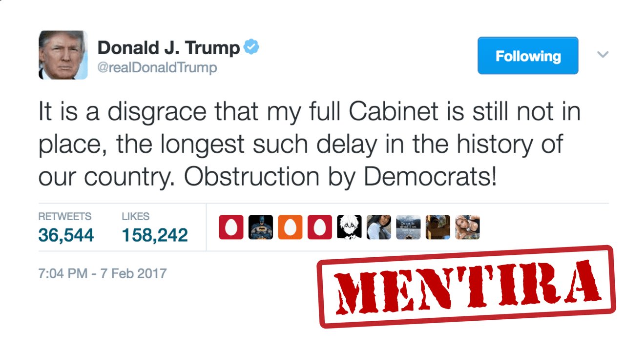 Trump afirmó que su gabinete es el que más ha tardado en ser confirmado. Falso