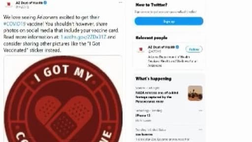 El Departamento de Servicios de Salud de Arizona (ADHS, por sus siglas en inglés) pide a residentes no publicar las fotografías con su tarjeta de vacunación; ya que podría ser víctima de un robo de identidad.
<br>