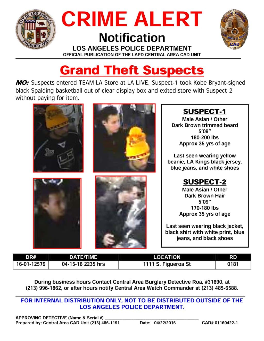 Alerta lanzada por el LAPD sobre sospechosos de robo.
