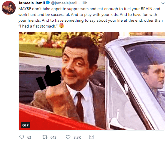 Más tarde sugirió “no tomes supresores de apetito y come lo suficiente para llenar tu cerebro y trabajar duro y ser exitosa. Y para jugar con tus hijos. Y para divertirte con tus amigos. Y para tener algo que decir al final de tu vida más allá de ‘tuve un estómago plano’ ”.