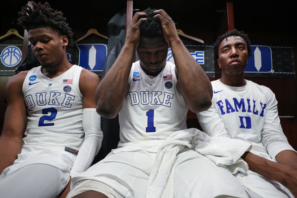 WASHINGTON, DC - MARCH 31: Zion Williamson #1 of the Duke Blue Devils reacts in the locker room after his teams, 68-67, loss to the Michigan State Spartans in the East Regional game of the 2019 NCAA Men's Basketball Tournament at Capital One Arena on March 31, 2019 in Washington, DC. (Photo by Patrick Smith/Getty Images)