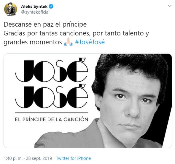 Aleks Syntek agradeció el talento y el legado musical de 'El príncipe de la canción'.