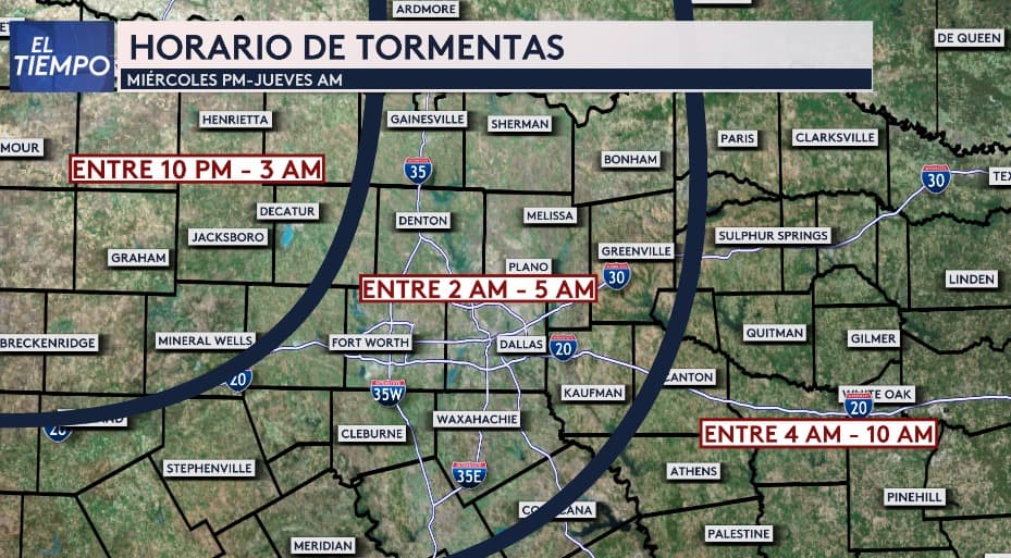 Un sistema cruzará nuestra región desde el oeste.
<b>Entre las 2 y las 5 a.m., se ubicará sobre el área de Dallas y Fort Worth</b>, y posteriormente continuará su trayecto hacia el este, impactando las primeras horas de la mañana en localidades como
<b>Sulphur Springs, Palestine y Paris, entre otras</b>.