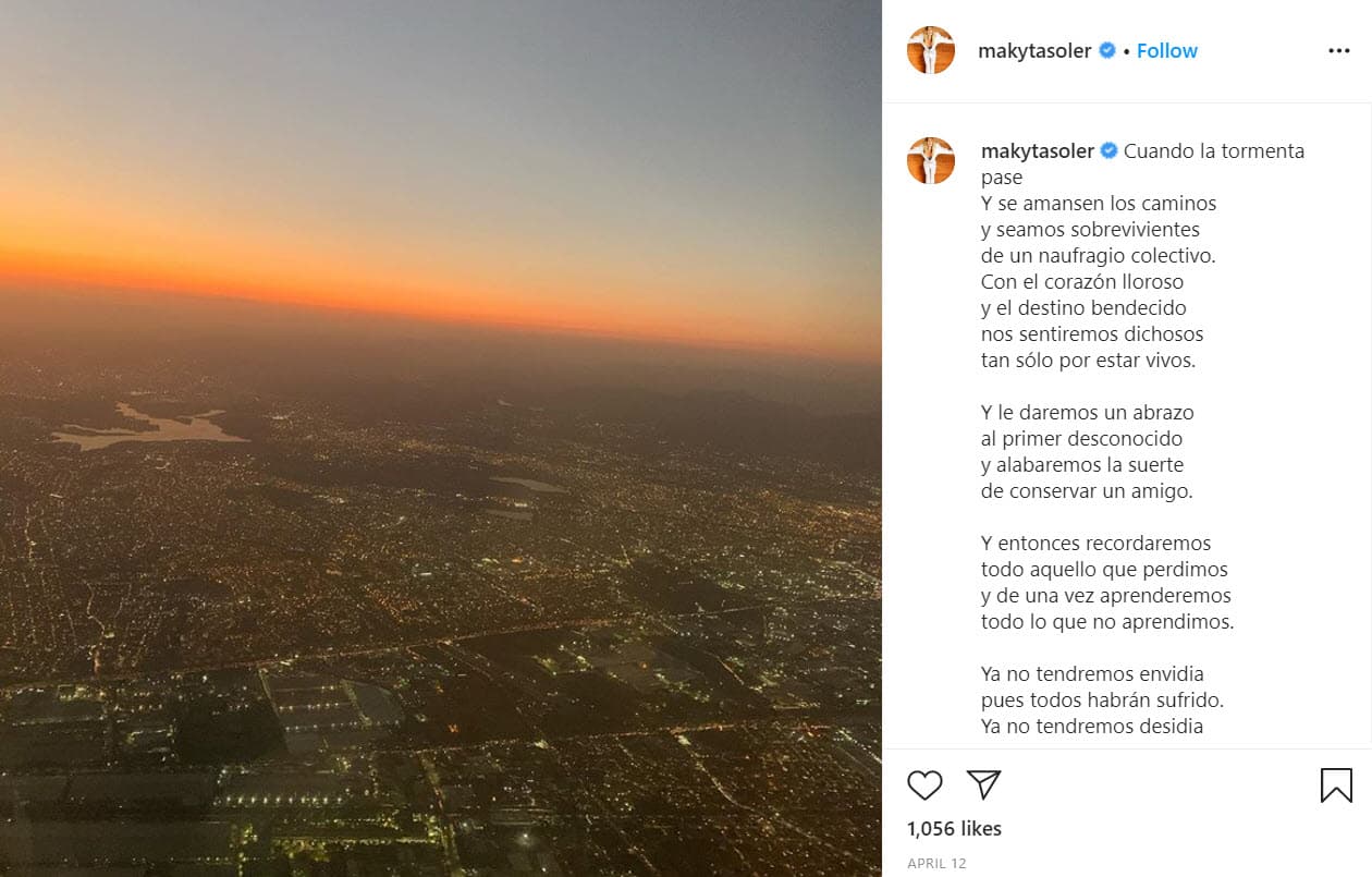 Pero también publica pensamientos motivacionales, a veces referentes a la situación que atraviesa el mundo con la pandemia de coronavirus, o
<b>temas personales como de pareja.</b>
<br>