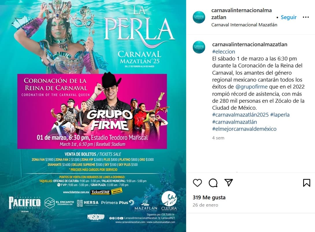 Grupo Firme está programado para presentarse en el Carnaval de Mazatlán el sábado 1 de marzo.