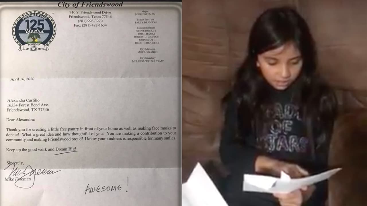 Hace unos días Alexandra recibió una carta del alcalde de Friendswood, Mike Foreman, quien le agradeció por la labor altruista que está realizando.