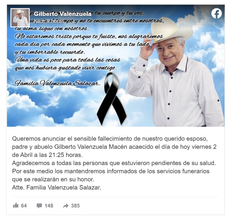 Muere el cantante Gilberto Valenzuela 'El Sahuaripa'
<br>