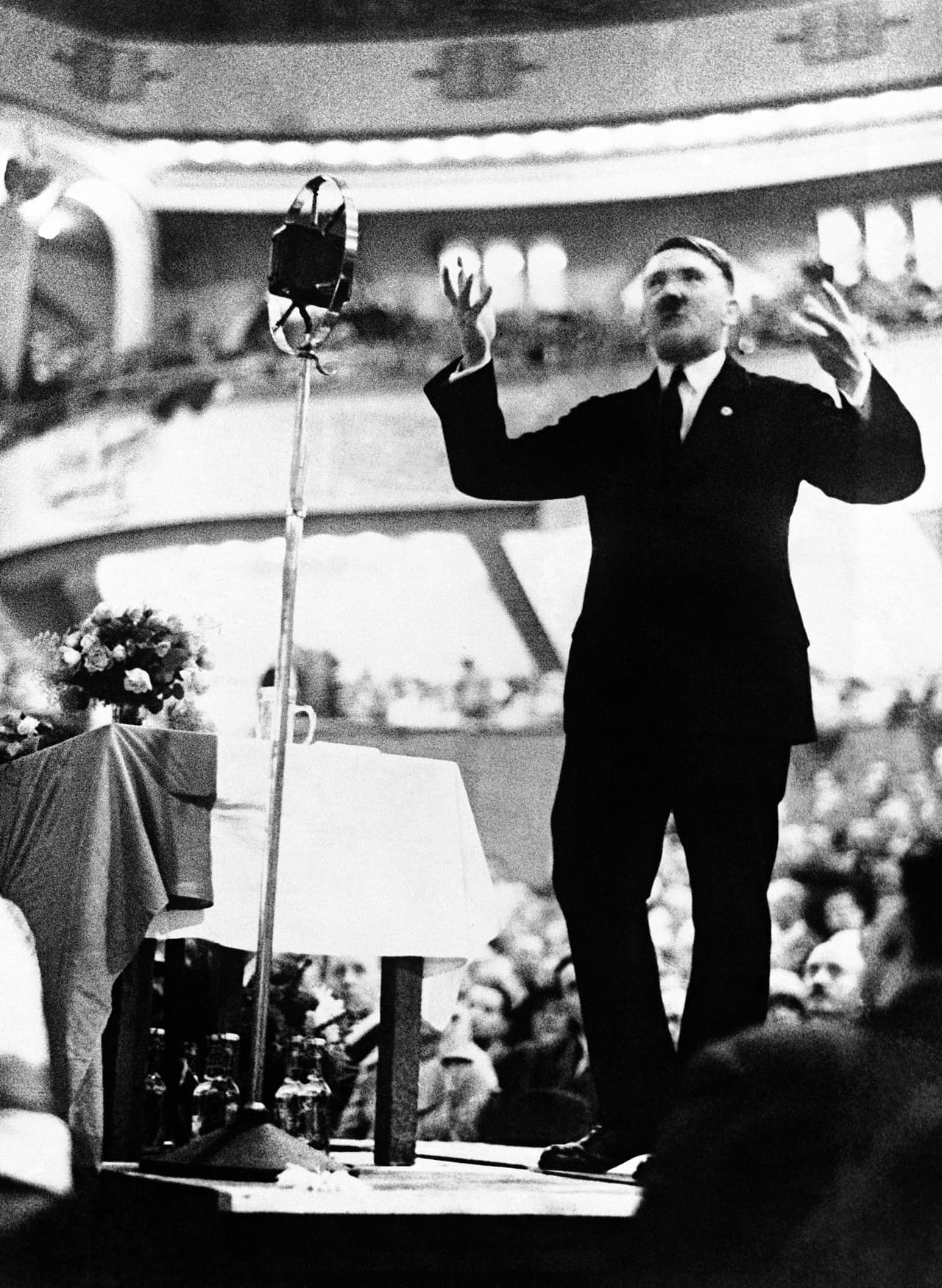 Adolf Hitler making a speech during the election campaign in Germany around Sept 1930. His National-Socialists Party, known as the Fascisti of Germany recently had a successful election where they increased the number of seats in the Reichstag by 95, and increased the number of their votes by 5,700,000. (AP Photo)