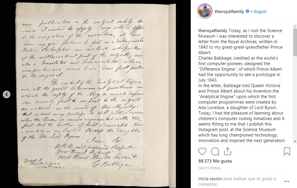 "Me parece adecuado", añadió, "que publique mi primer post en Instagram en el Museo de Ciencia, que durante mucho tiempo ha defendido la tecnología, la innovación y ha inspirado la próxima generación de inventores. Elizabeth R”.