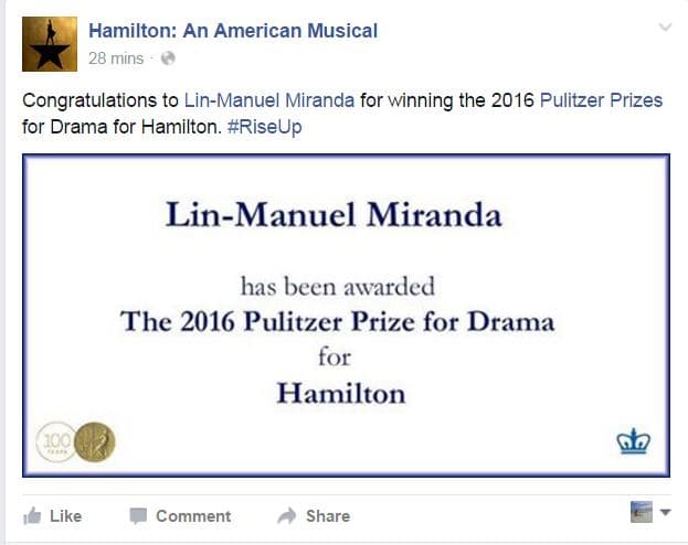 La página de Facebook de Hamilton festejó el reconocimiento.