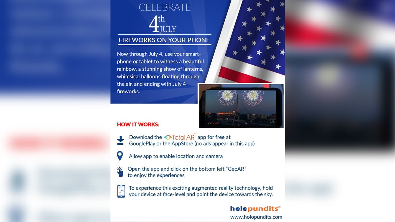 Fuegos artificiales virtuales. La celebración del Día de la Independencia más antigua y más grande del condado de South Fulton será virtual este año. East Point se ha asociado con Holopundits para llevar a los asistentes un espectáculo gratuito de fuegos artificiales utilizando la aplicación Total AR. Descargue la aplicación en su tableta o teléfono inteligente y vea la pantalla de 10 a 12 minutos tantas veces como desee en un marco de tiempo designado. 
<a href="http://downtowneastpoint.com/" target="_blank">Visite el sitio web</a> para obtener detalles sobre cómo ver el programa en realidad aumentada.
<br>
<br>Sábado 4 de julio. 9:00pm hasta la medianoche. Gratis. 
<a href="http://downtowneastpoint.com/" target="_blank">downtowneastpoint.com</a>.
<br>