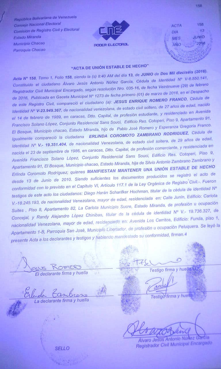 Este es el acta de la unión de Francheska (aún con su nombre de hombre) y Elinda.
