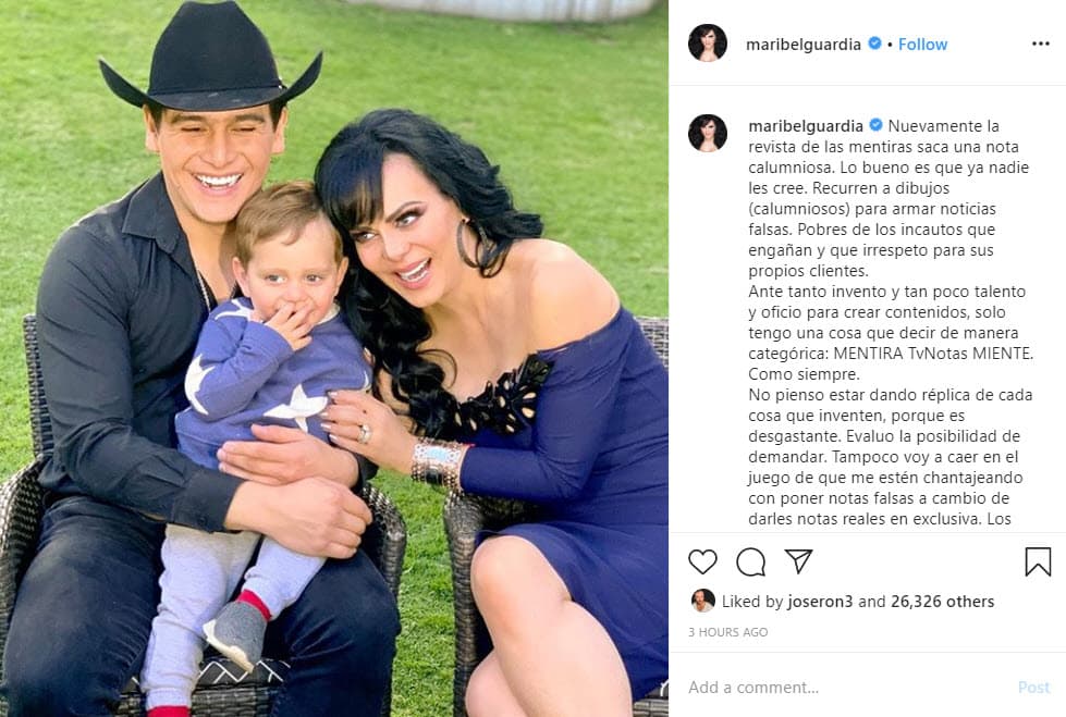Con una fotografía en donde aparece con 
<a href="https://www.univision.com/famosos/maribel-guardia-dice-cuando-y-con-quien-pasa-el-mejor-momento-de-su-vida-fotos">Julián y su nieto escribió</a>: "Nuevamente la revista de las mentiras 
<b>saca una nota calumniosa</b>. Lo bueno es que ya nadie les cree. Recurren a dibujos (calumniosos) para armar noticias falsas". 
<br>