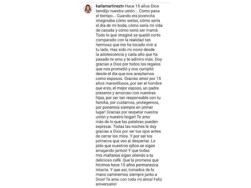 Para celebrar su aniversario de boda, publicó la anterior foto junto a un conmovedor texto en el que describió su experiencia de matrimonio después de 15 años en pareja.