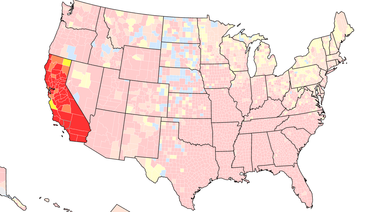 Este mapa muestra el nivel de nuevos contagios por coronavirus en condados del sur de California