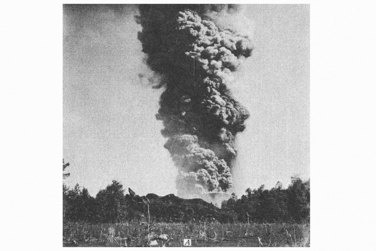 <b>24 de marzo de 1943</b>. La imagen fue "tomada hacia el norte desde Tititzu" dice el reporte de la USGS. Según aseguran los investigadores en las primeras 24 horas el volcán se levantó hasta 98 pies (30 metros). Al tercer día el montículo ya medía 196 pies (60 metros) y en el primer mes sumaba 485 pies (148 metros).