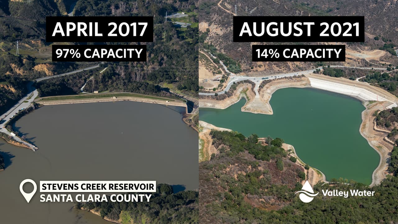 “Estos bajos niveles históricos ilustran el impacto que la sequía extrema y excepcional está teniendo en nuestros suministros locales de agua”, señaló Santa Clara Valley Water. En la foto se muestra el embalse de Stevens Creek.
<br>