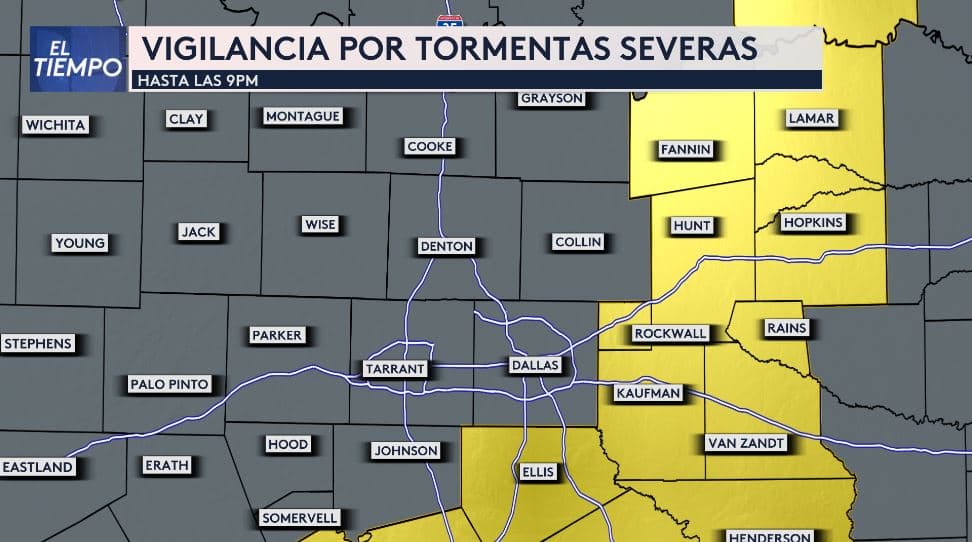 Vigilancia por tormentas severas hasta las 9 de la noche al este de Dallas - Fort Worth, no incluye el Metroplex.