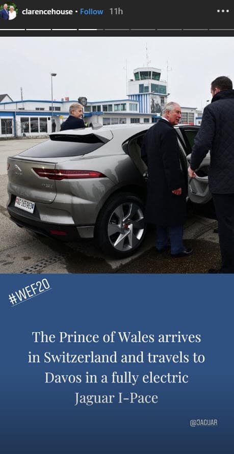 Incluso, Clarence House informó a través de Instagram que el príncipe Carlos llegó a la ciudad de Davos en un automóvil eléctrico.