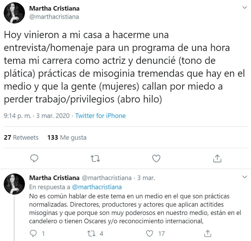 En una serie de mensajes publicados en Twitter, hizo una reflexión sobre la violencia a la que están expuestas las mujeres y contó sus 
<b>vivencias al lado de su exesposo</b>.
<br>