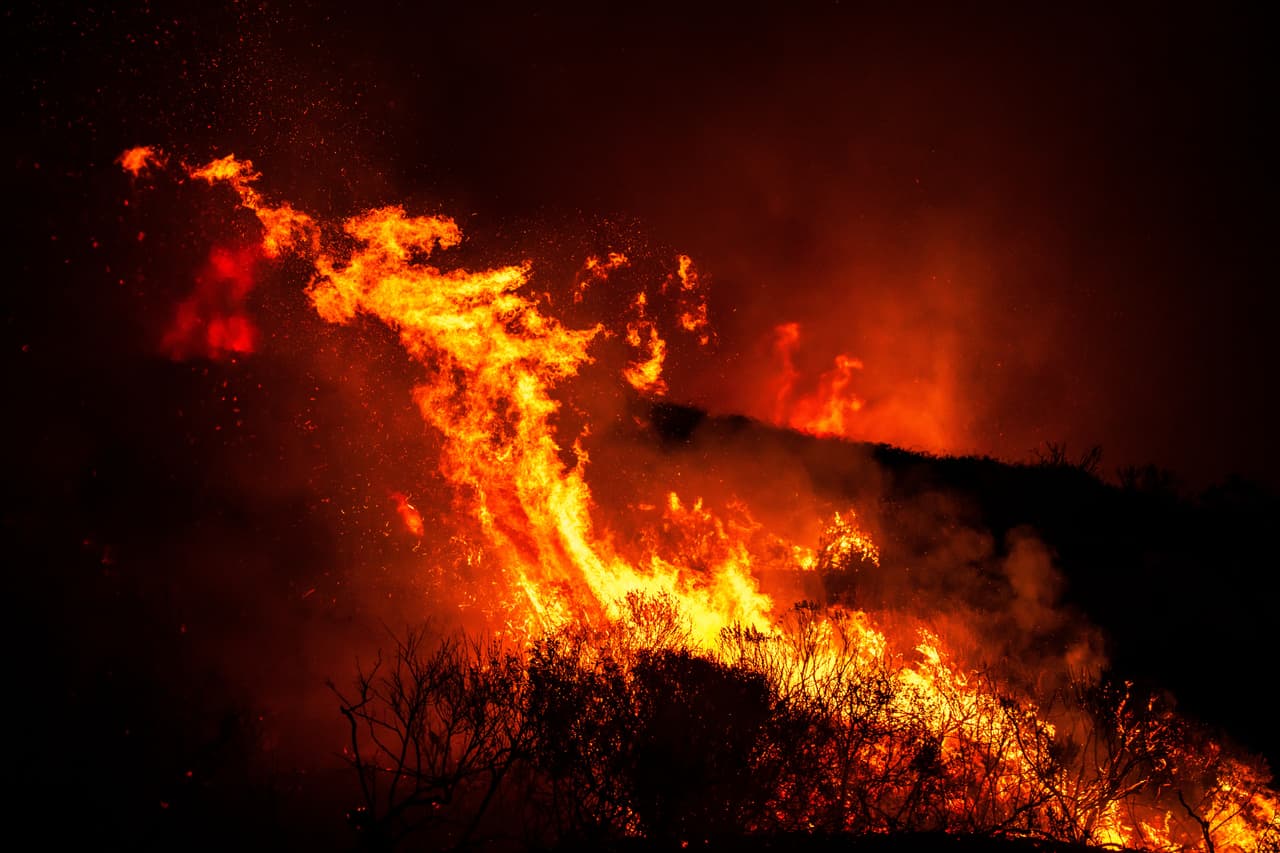 Las llamas consumen matorrales mientras el incendio bautizado como Plaskett avanza por Big Sur, el 28 de agosto de 2026, en California. (AP Foto/Ethan Swope)