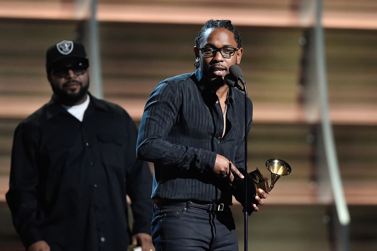 FEBRUARY 15, 2016: Rapper Ice Cube presents Kendrick Lamar with the award for Best Rap Album for 'To Pimp a Butterfly' during The GRAMMY Awards telecast. Lamar was recently named as a nominee for the 2017 BET Awards. His nominations include 'Best Male Hip Hop Artist' and the 'Viewers Choice Award' for "Black Beatles featuring Gucci Mane."