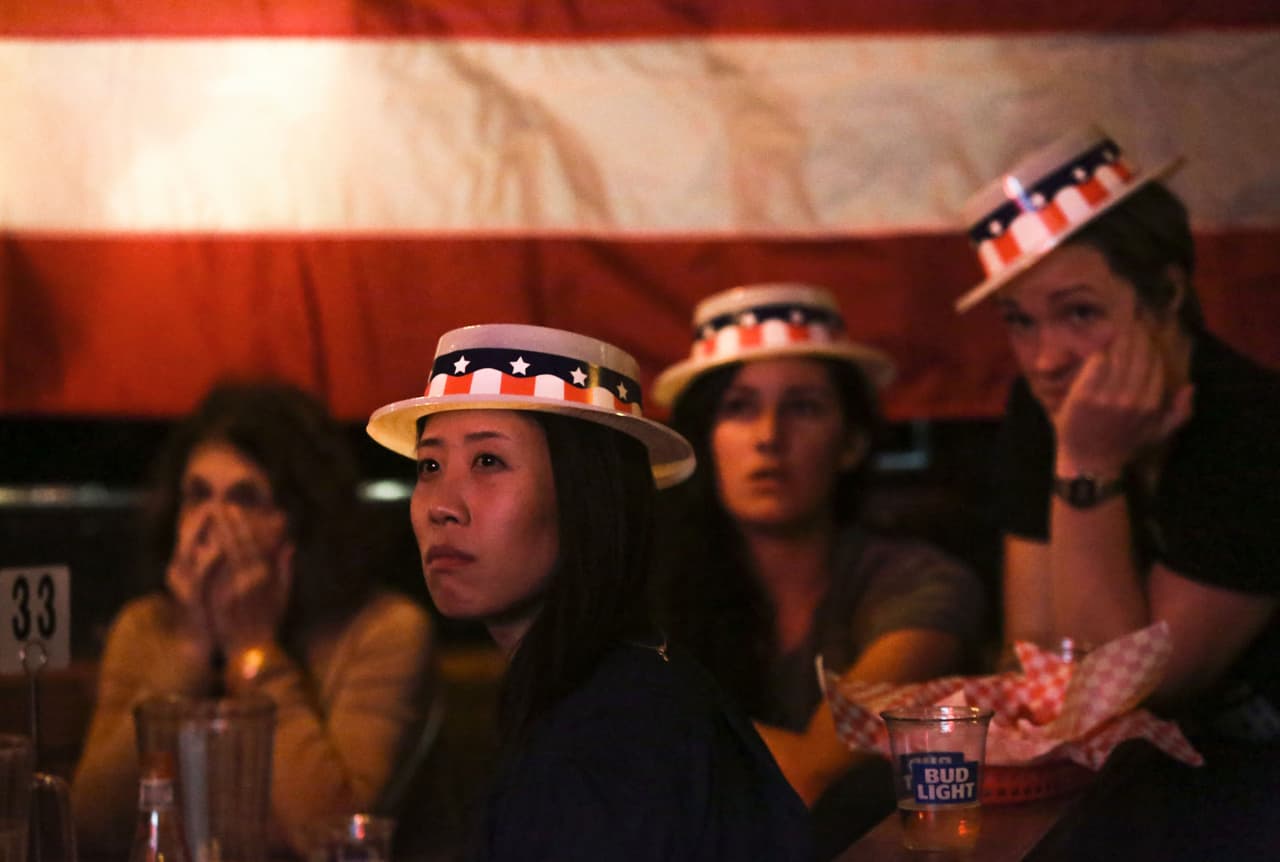 Seguidores del partido demócrata muestran su angustia ante los resultados preliminares en Seattle, Washington.