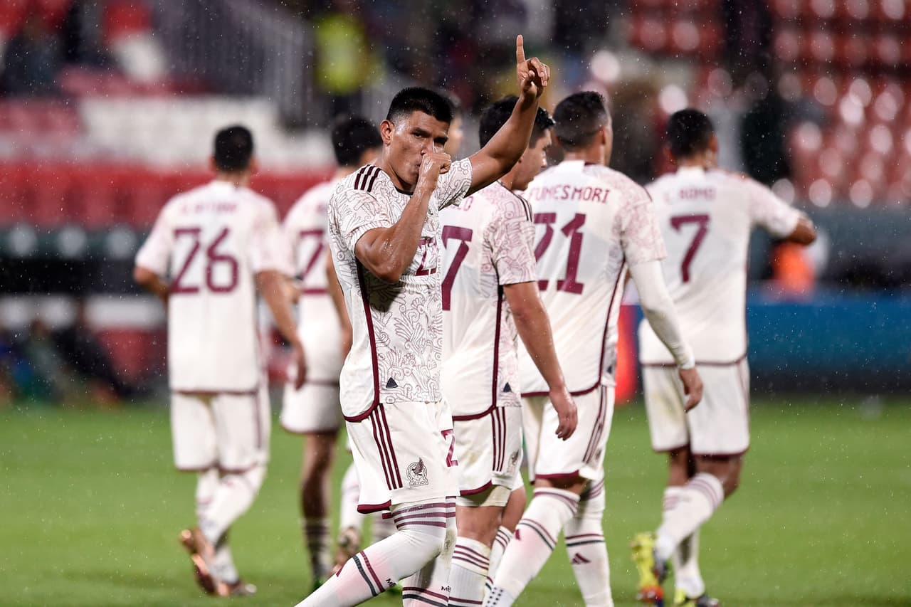 Mexico's defender Jesus Gallardo (C) celebrates scoring during the friendly international football match between Mexico and Iraq at the Montilivi stadium in Girona, on November 9, 2022. (Photo by Josep LAGO / AFP) (Photo by JOSEP LAGO/AFP via Getty Images)