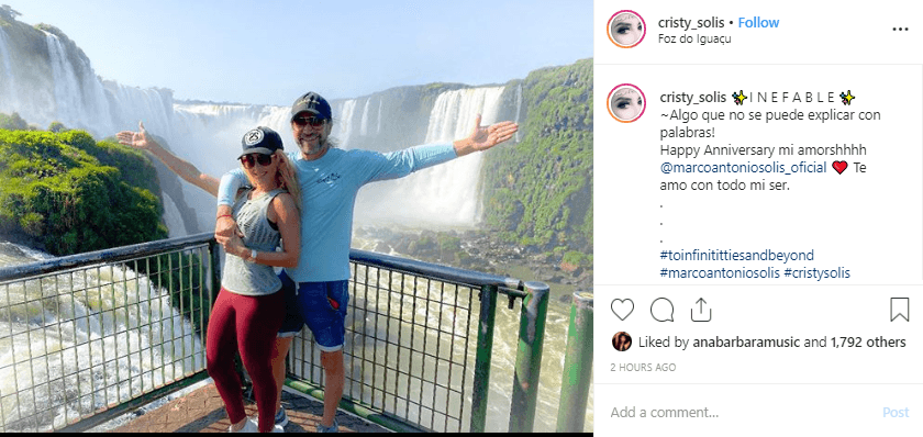 Cristian también recordó esta fecha con una imagen de sus recientes vacaciones a las cataratas del Iguazú, en Brasil, junto a Marco Antonio Solís. La modelo cubana escribió: "Inefable. Algo que no se puede explicar con palabras. Happy aniversary mi amorsh @marcoantoniosolis_oficial. Te amo con todo mi ser".