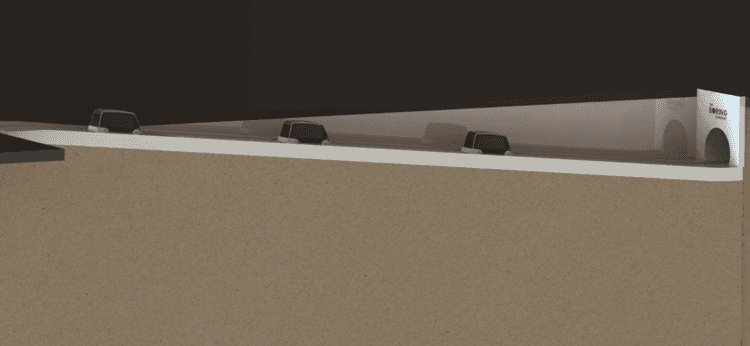 Esta es la rampa que encaminaría a los vehículos al túnel que conecte a los aficionados con mayor rapidez al recinto de sus amores en Chávez-Ravine. (Foto: The Boring Company)