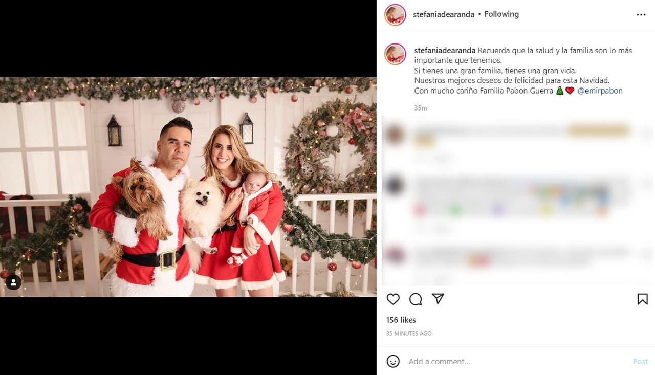 Este fue un año muy difícil para el cantante 
<b>Emir Pabón </b>y su esposa Stephanía de Aranda, pues sufrieron un accidente automovilístico que puso en riesgo su vida y la de su hijo. "Recuerda que la salud y la familia son lo más importante que tenemos. Si tienes una gran familia, tienes una gran vida. Nuestros mejores deseos de felicidad para esta Navidad. Con mucho cariño Familia Pabón Guerra".