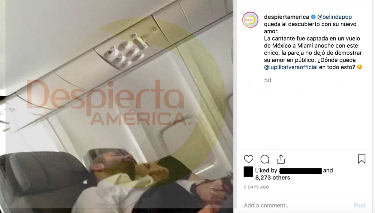 El pasado jueves, en exclusiva, 
<b>Despierta América</b> mostró la foto de Belinda durmiendo en un avión, junto a 
<b><a href="https://www.univision.com/shows/despierta-america/sera-el-que-ya-le-conociamos-la-foto-de-belinda-con-un-hombre-misterioso-nos-pone-a-pensar-que-paso-con-lupillo-video">un caballero que no era Lupillo Rivera</a></b>, con quien tanto se le había vinculado.