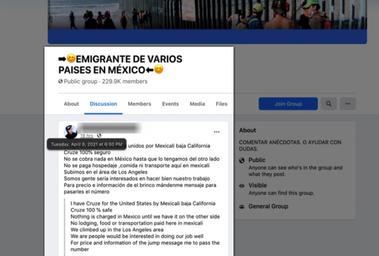 Esta página prometía cruces fronterizos “100% seguros” de Mexicali (Baja California) a Los Ángeles, California.