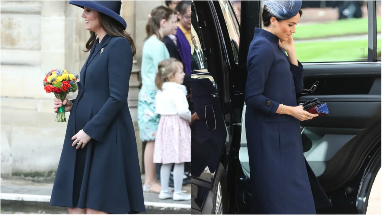 <b>Abrigos:</b> Tanto Meghan como Kate recurrieron a la versatilidad y elegancia de pesados abrigos en azul marino para resolver su asistencia a eventos formales en dos momentos radicalmente distintos del embarazo. Kate, a los ocho meses, llevó un abrigo de Beulah London (que ya había usado en un embarazo anterior) en la catedral de St. Paul que accesorizó con un sombrero Tiffany de ala ancha mientras que Meghan logró que su incipiente embarazo pasara desapercibido durante la boda de Eugenie de York gracias a un abrigo a la medida de Givenchy con cuello mao que remató con un fascinator de Noel Stewart.
<br>