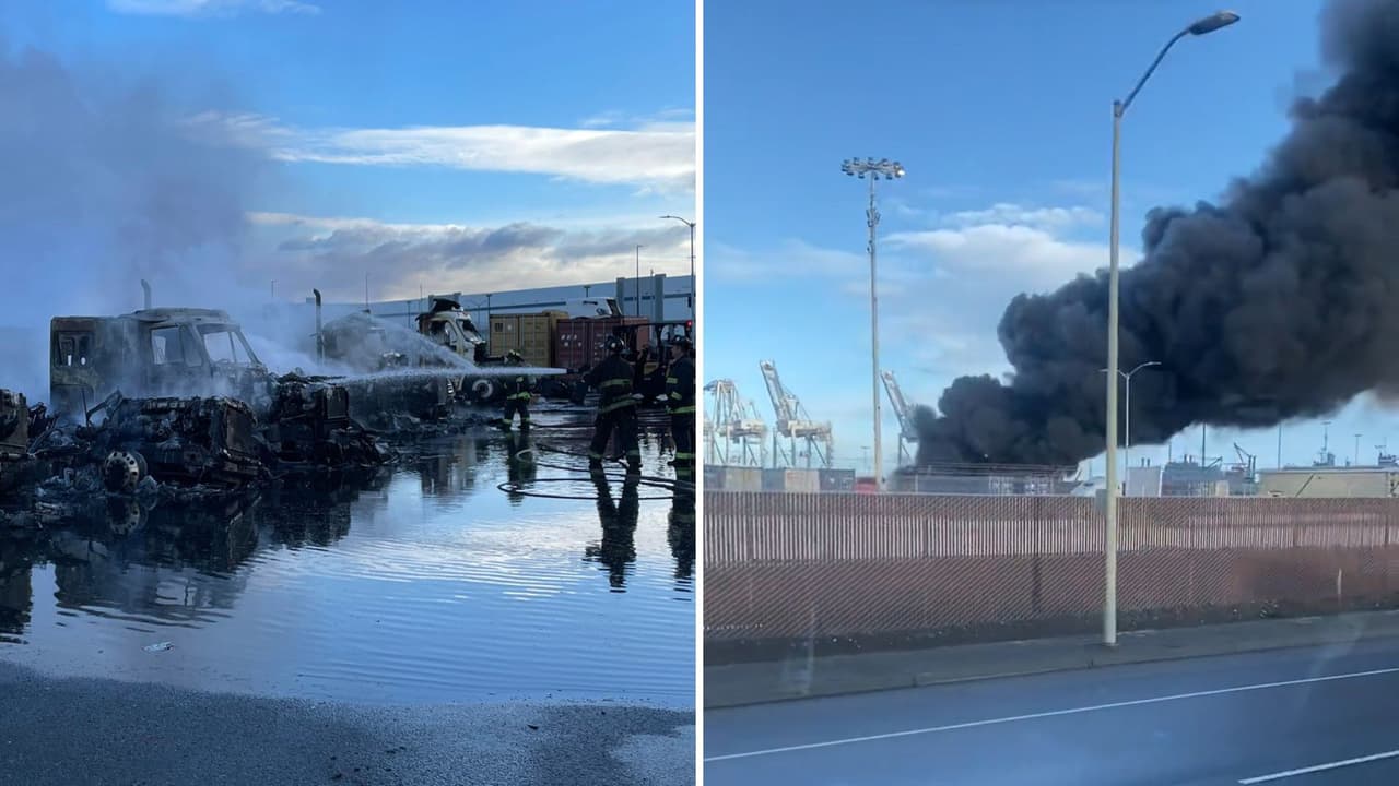 Incendio en el Puerto de Oakland: arden ocho camiones