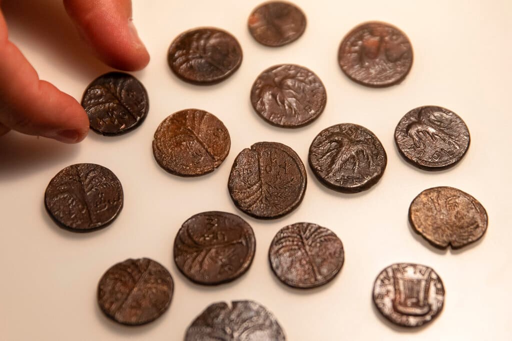 Otro de los descubrimientos que se presentó fue
<b>un alijo de monedas, en la imagen, que data de unos 1,900 años</b>. Las piezas contienen "símbolos judíos como un arpa y una palmera datilera", y entre el que también hay restos de "flechas y puntas de lanza, tela tejida, sandalias e incluso peines para piojos".
<br>