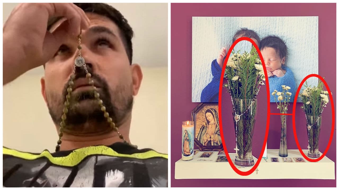 En uno de los floreros se encuentra un rosario, y aunque no es el mismo, Ferdinando solía llevar uno en el cuello mientras luchaba por la vida de su fallecido hijo.
<br>