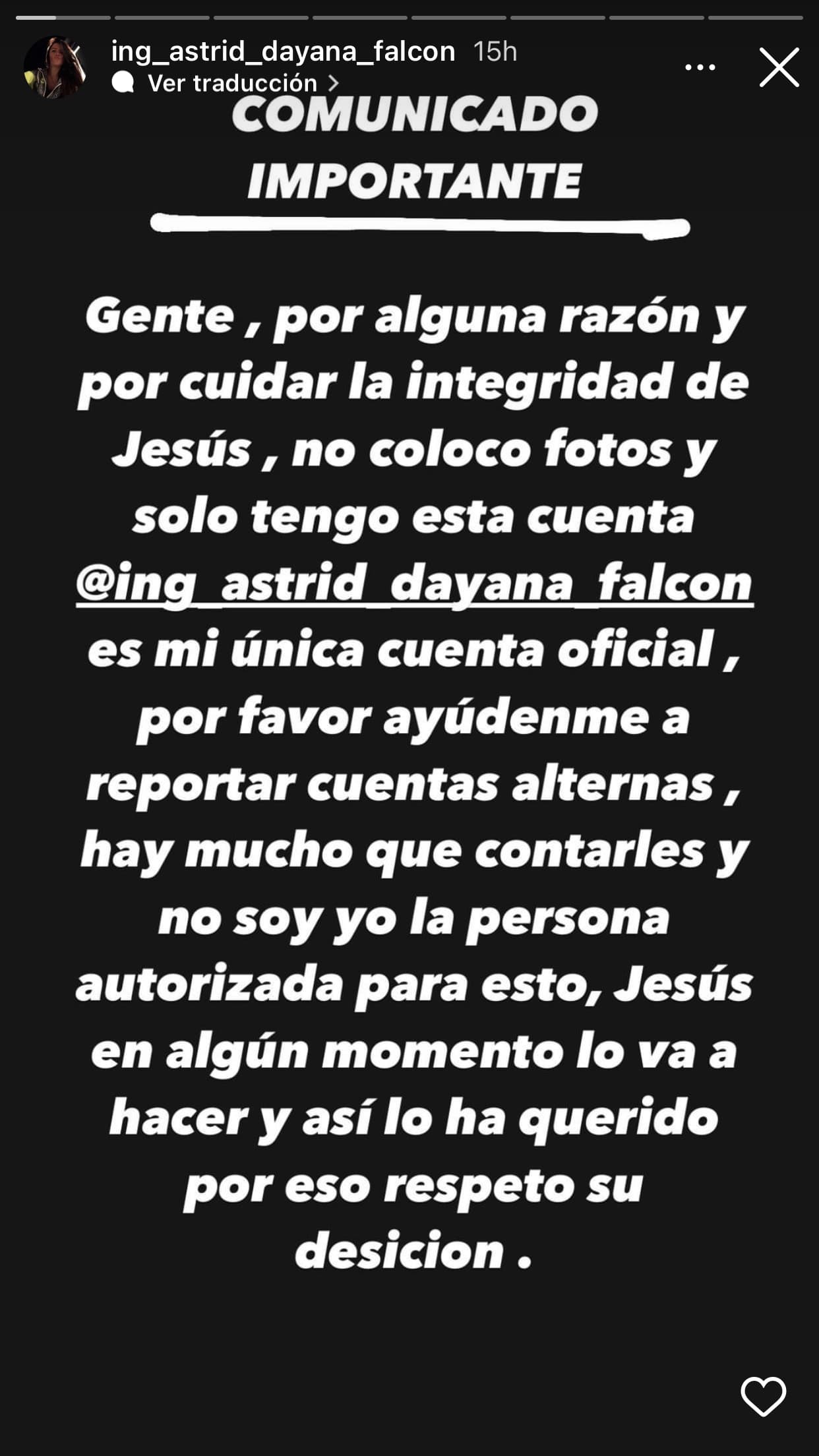 "
<b>Por cuidar la integridad de Jesús (Chyno),</b> no coloco fotos", escribió Falcón la noche de este lunes 7 de noviembre. 
<br>