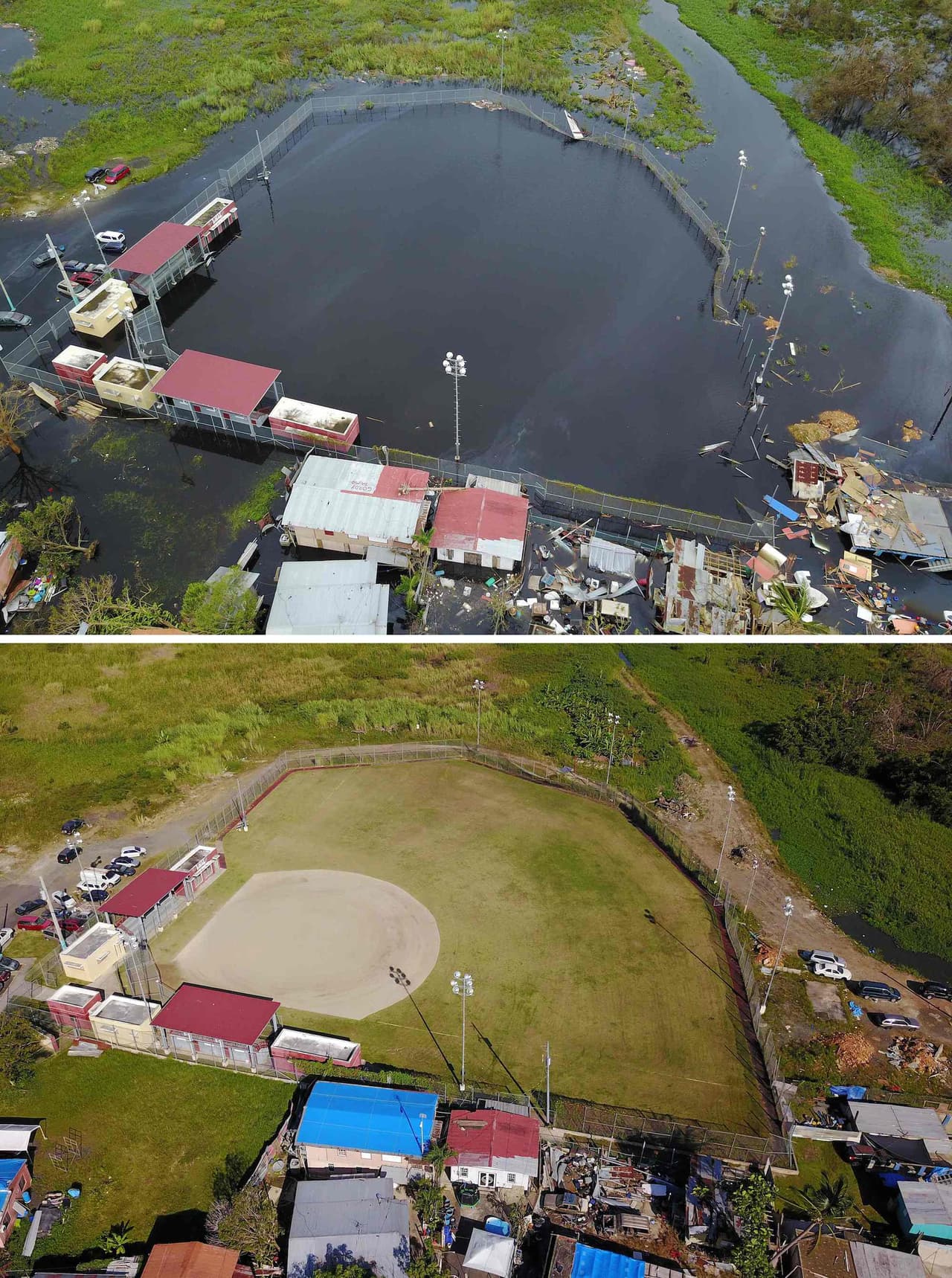 Parque de pelota en Juana Matos, en Cataño, inundado después del huracán y seis meses después.