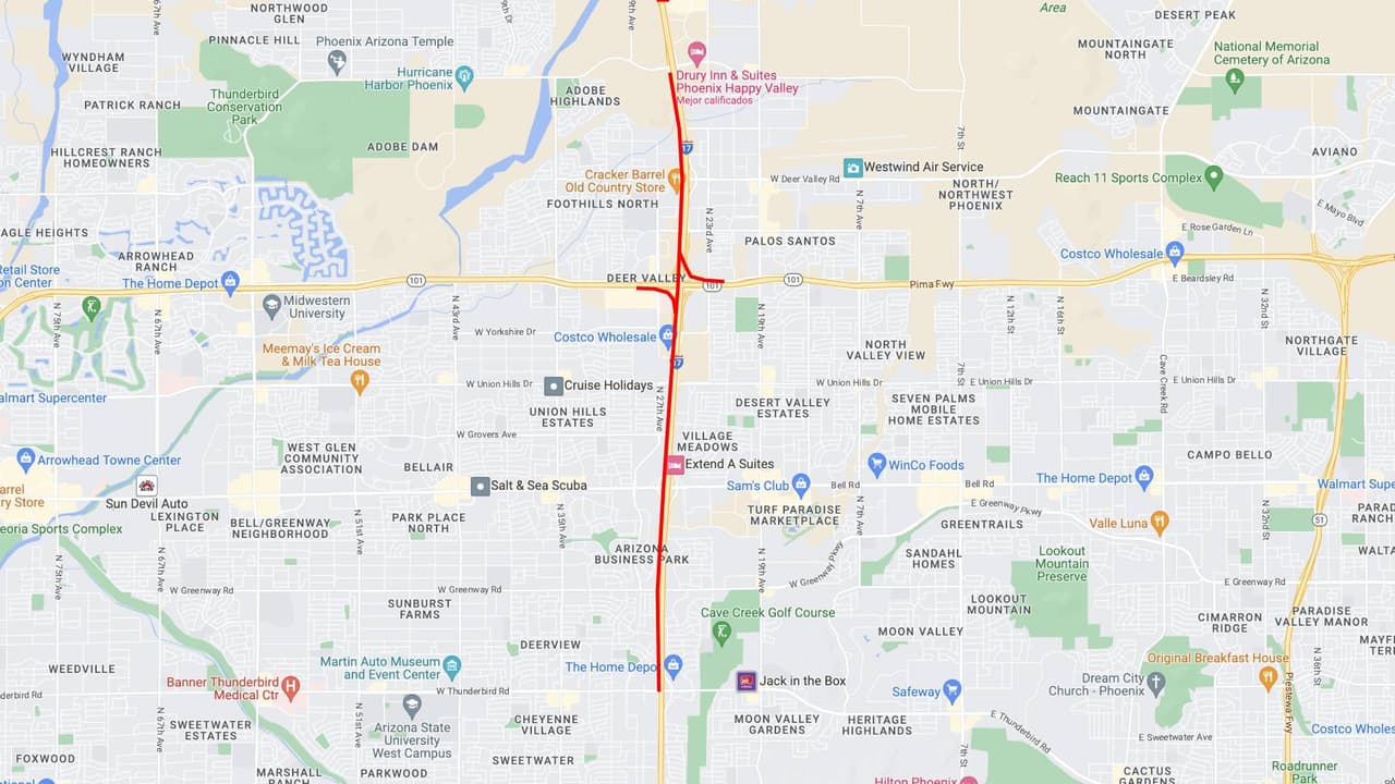 <b>Interestatal 17</b>
<br>La Interestatal 17 en dirección sur cerrará entre las carreteras Pinnacle Peak y Thunderbird desde las 9 p.m. del viernes, hasta las 5 a. m. del lunes.
<br>
<br>Las rampas del Loop 101 hacia la I-17 en dirección sur estarán cerradas, así como la rampa de entrada de la I-17 en dirección sur en Happy Valley Road.
<br>
<br>
<b>Rutas alternas</b>
<br>Los conductores que circulan por la I-17 en dirección sur pueden considerar salir antes del cierre y utilizar desvíos, incluida la 19th Avenue en dirección sur.
<br>
<br>Los conductores en Loop 101 pueden salir antes del cierre de rampas de la I-17 y usar rutas locales, incluidas las avenidas 19 o 35 en dirección sur.