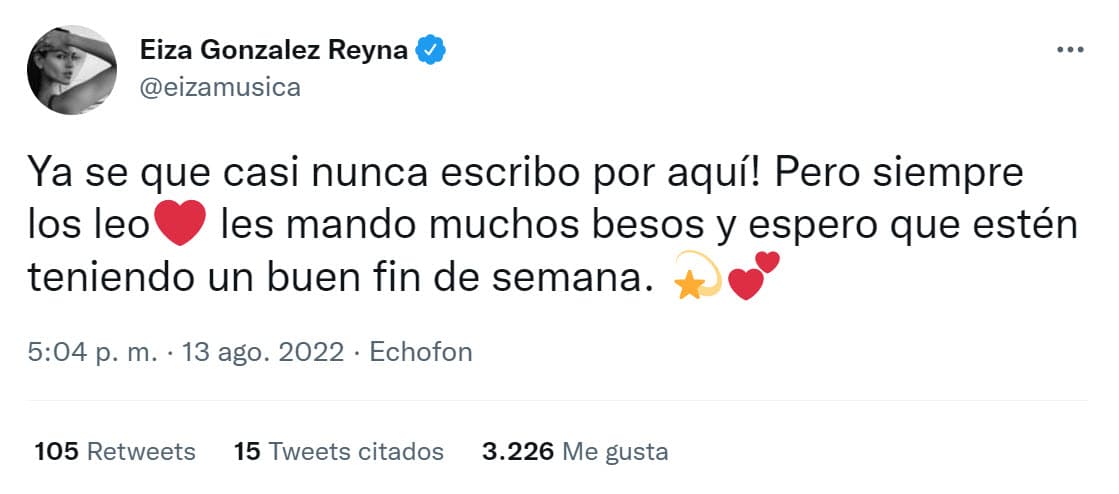 De hecho, en otro mensaje, la propia Eiza González admitió que 
<b>"casi nunca" escribe en Twitter</b>: "Pero siempre los leo, les mando muchos besos y espero que estén teniendo un buen fin de semana".
<br>