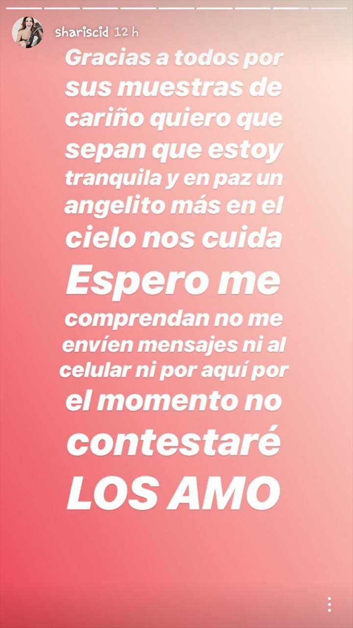 Al mismo tiempo, Sharis aprovechó para agradecer las muestras de apoyo por parte de sus seguidores y, además, pidió que no le enviaran más mensajes vía Instagram o a su teléfono personal, "por el momento, no contestaré. Los amo", refirió la actriz.