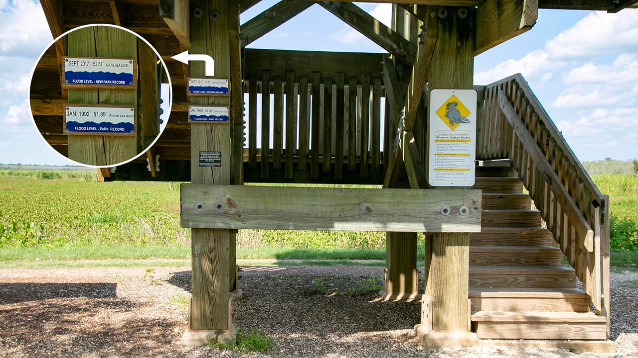 En estos letreros se muestra el nivel del agua al que llegó estar el parque, producto de las intensas lluvias ocurridas en septiembre de 2017 y enero de 1992.