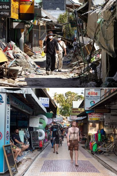En la isla Koh Phi Phi la gente caminaba entre los negocios destruidos. Actualmente luce llena de turistas.
